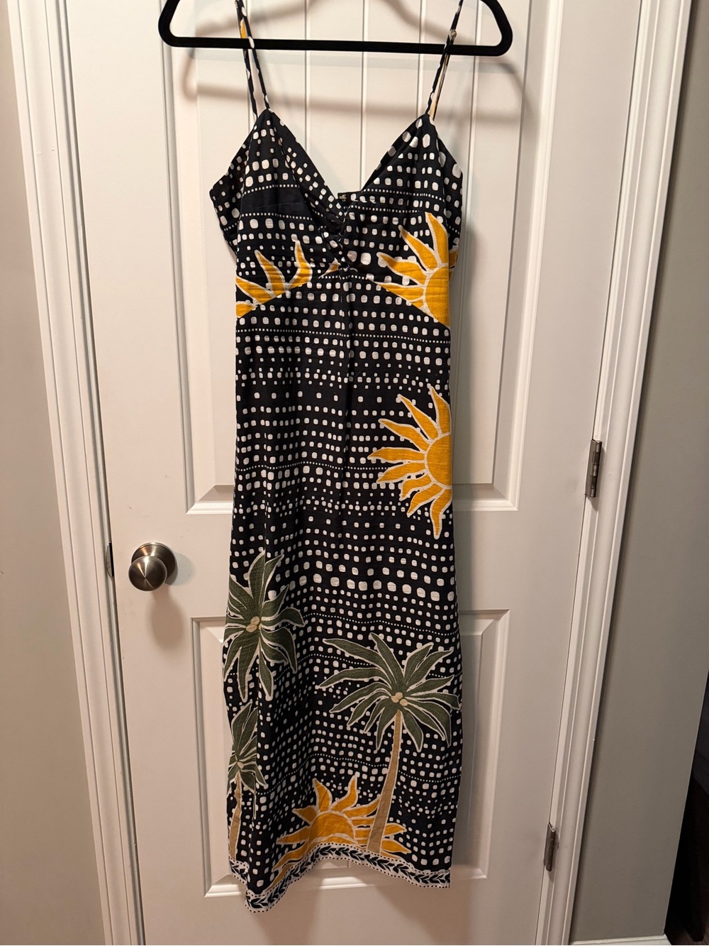 LOFT Black Maxi Slip Dress with Yellow Sun & Green Palm Print
